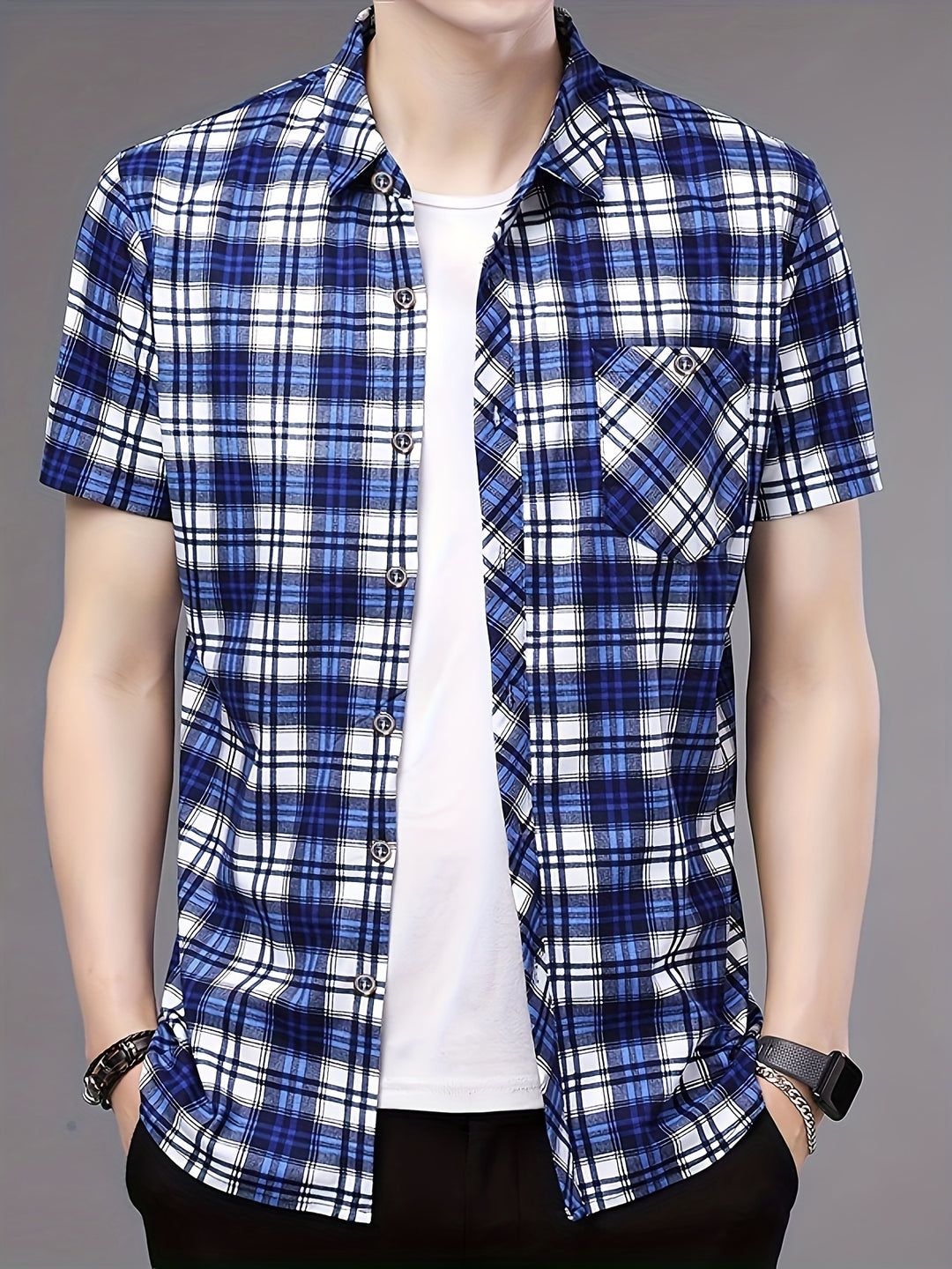 Set of 2 Short-Sleeve Checkered Shirts with Buttons