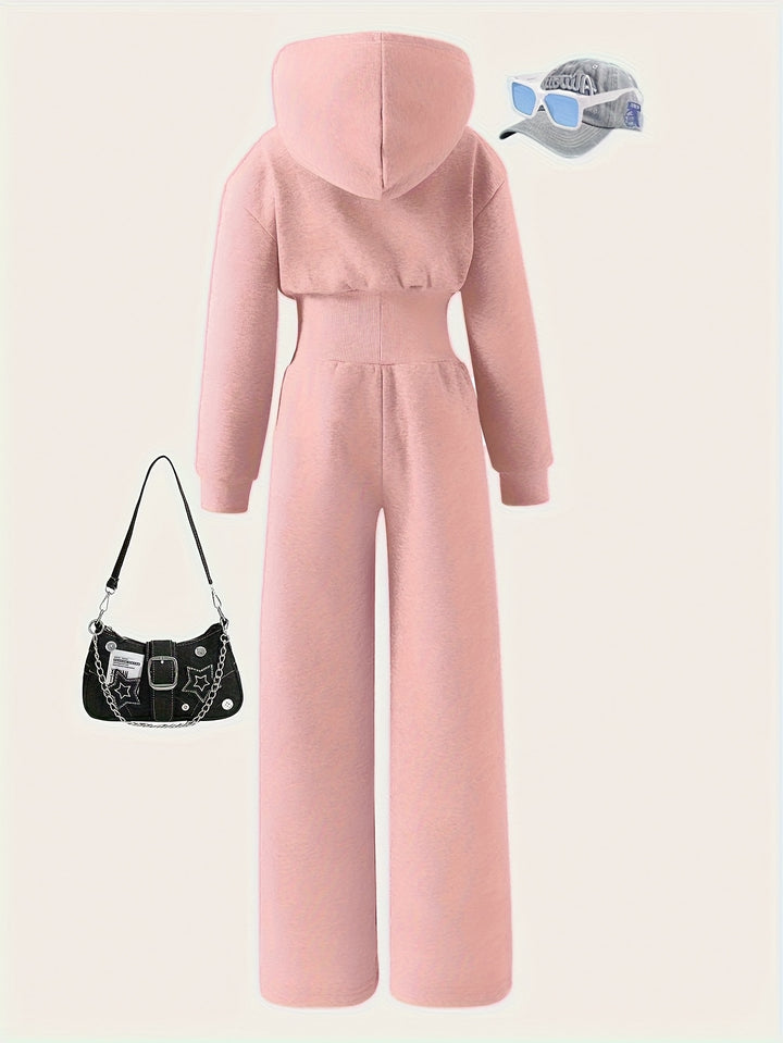 Autumn Girls' Simple Casual Style Knitted Zipper Sweatshirt Hooded Jumpsuit, Perfect for Outdoor