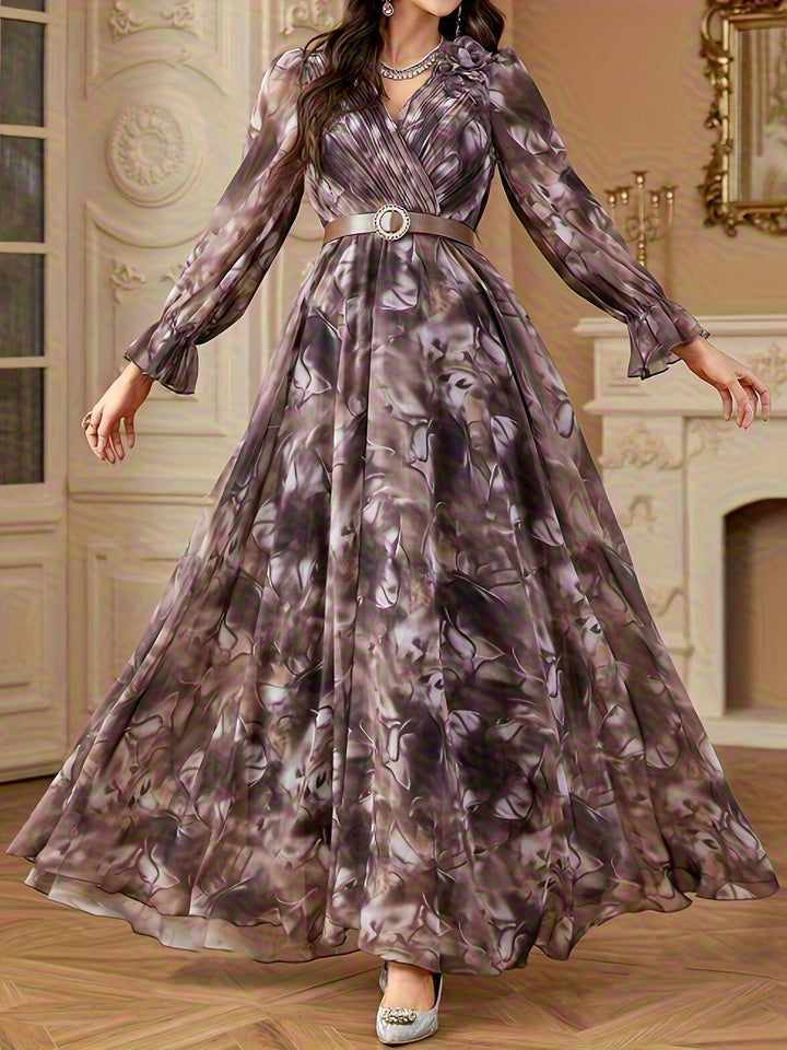 Women'S V-Neck Handmade 3D Floral Belted Dress