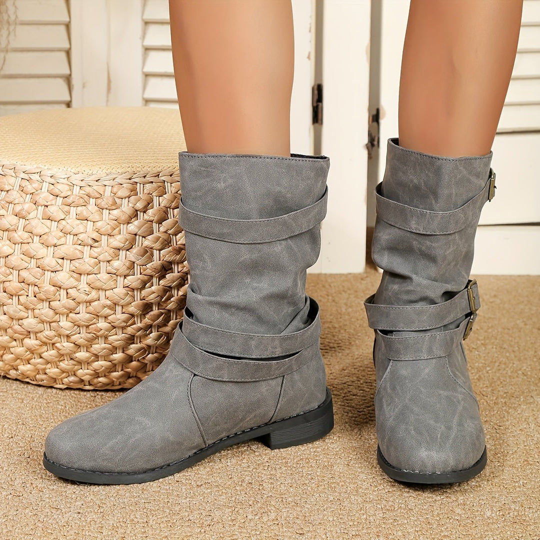 Mid Calf Ruched Buckle Solid Color Retro Ankle Boots For Women Cowboy Boots - Bennys Beauty World