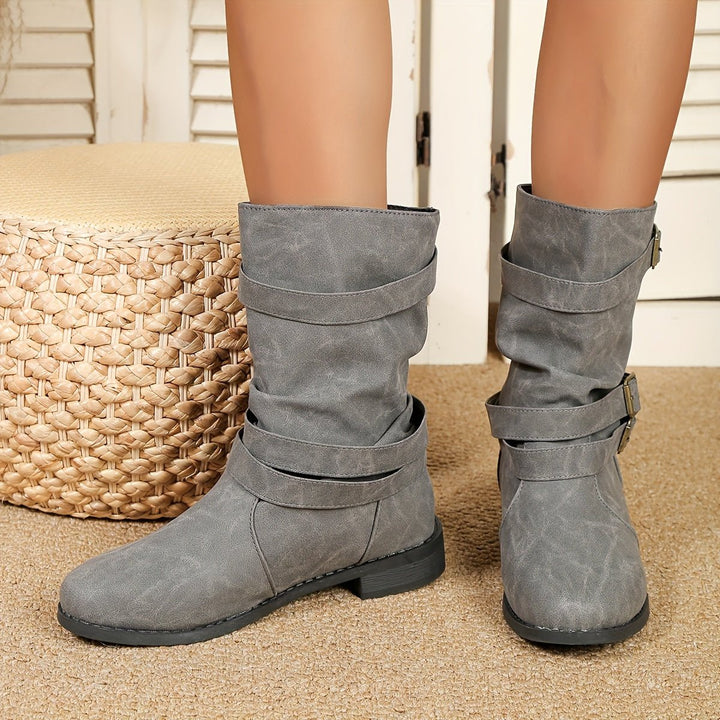 Mid Calf Ruched Buckle Solid Color Retro Ankle Boots For Women Cowboy Boots - Bennys Beauty World