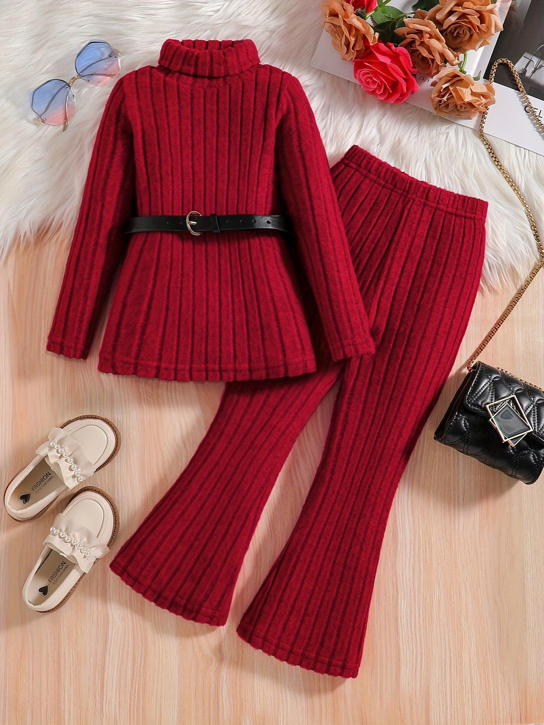 Elegant 2pcs Girls' Outfit Set - Soft Knit Turtleneck Top with Belt & Flared Pants, Perfect for Fall/Winter-Bennys Beauty World