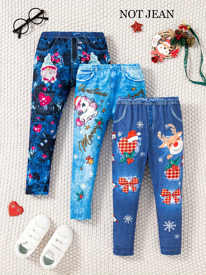 3 Packs Lightweight Thin Leggings Set Faux Denim Print Pants Kids Clothes Gift Spring Fall, As Christmas Gifts-Bennys Beauty World