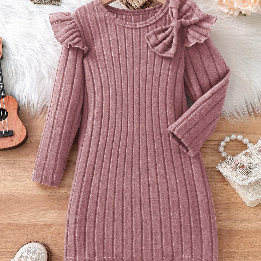 Girls Elegant Dresses, Long Ruffle Sleeve Bow Decor Ribbed Dress For Spring & Fall, Perfect For Dinner Party, As Gifts-Bennys Beauty World