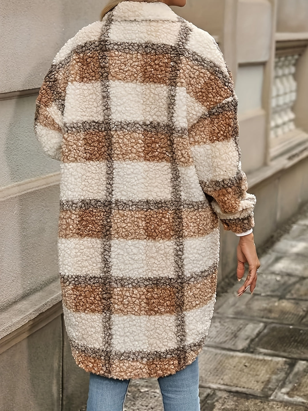 Cozy Plaid Fuzzy Jacket - Stylish Long Sleeve Coat for Fall & Winter-Bennys Beauty World