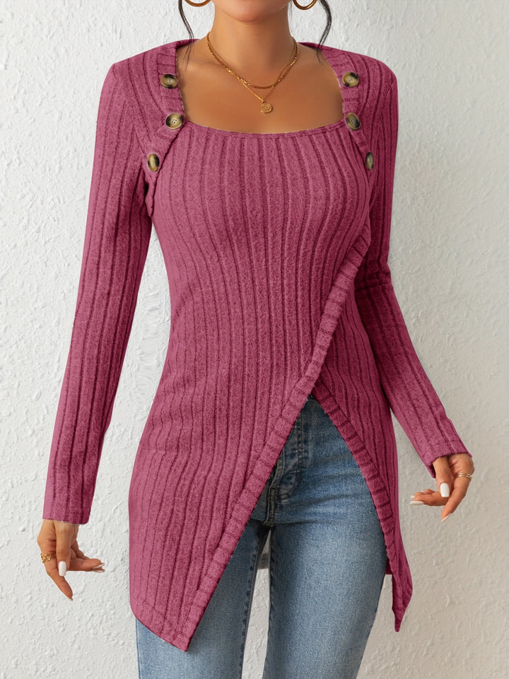 Casual Ribbed Long Sleeve Top For Spring & Fall-blouses-Bennys Beauty World