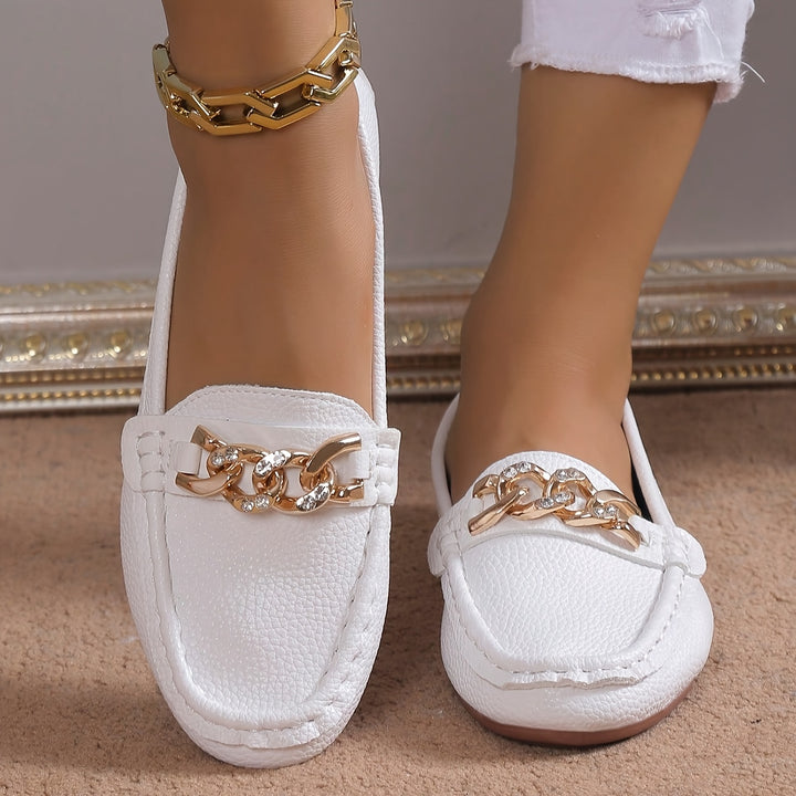 Elegant Women's White Loafers with Golden Chain Detail