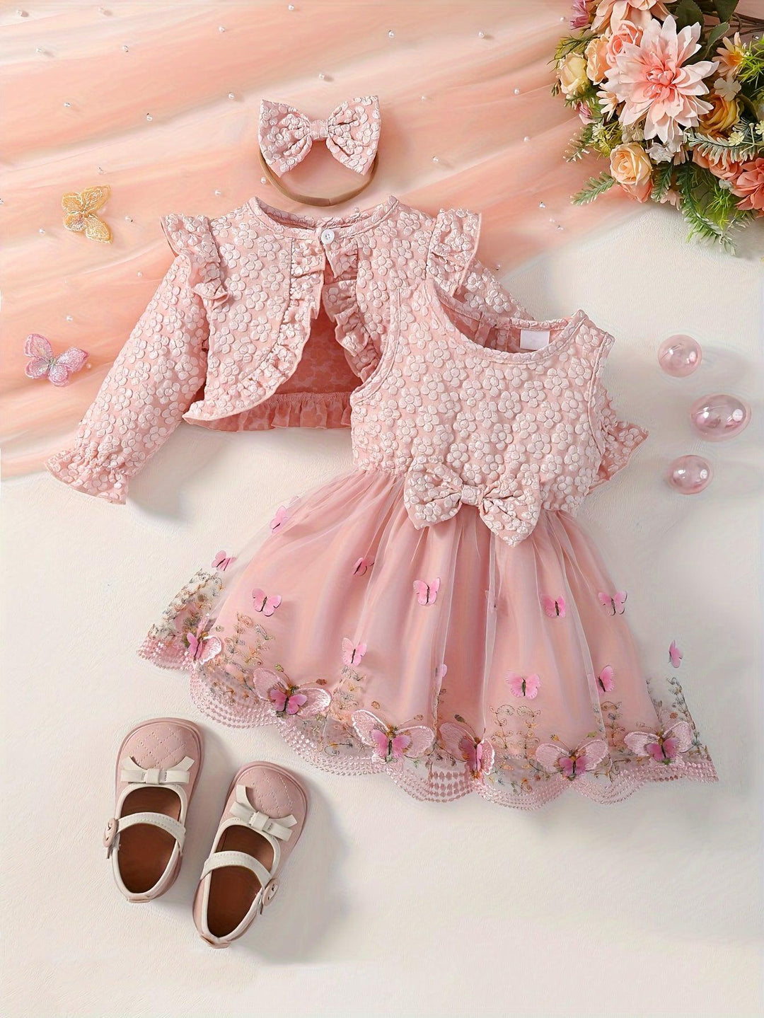 2pcs Baby's Elegant Butterfly Embroidery Mesh Splicing Dress + Ruffled Flower Jacquard Cardigan + Headwear, Toddler & Infant Girl's Clothing Set For Spring Fall-Bennys Beauty World