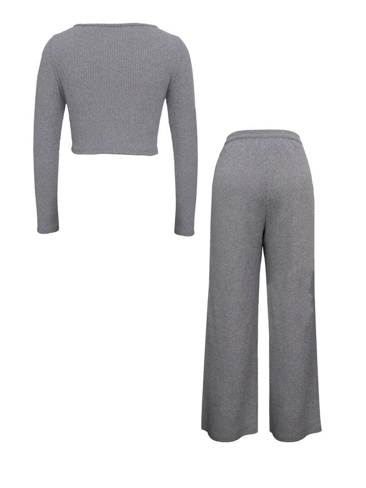 Elegant Knit Polyester Pantsuit Set with Crew Neck Long Sleeve Top and Straight-Leg Trousers, 95% Polyester 5% Elastane Solid Color, Pocket Detail, Mutton Sleeve - All Season Wear-Bennys Beauty World