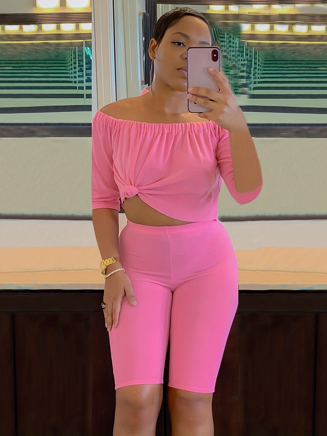 Two-piece Set, Off-Shoulder Short-Sleeve Tops