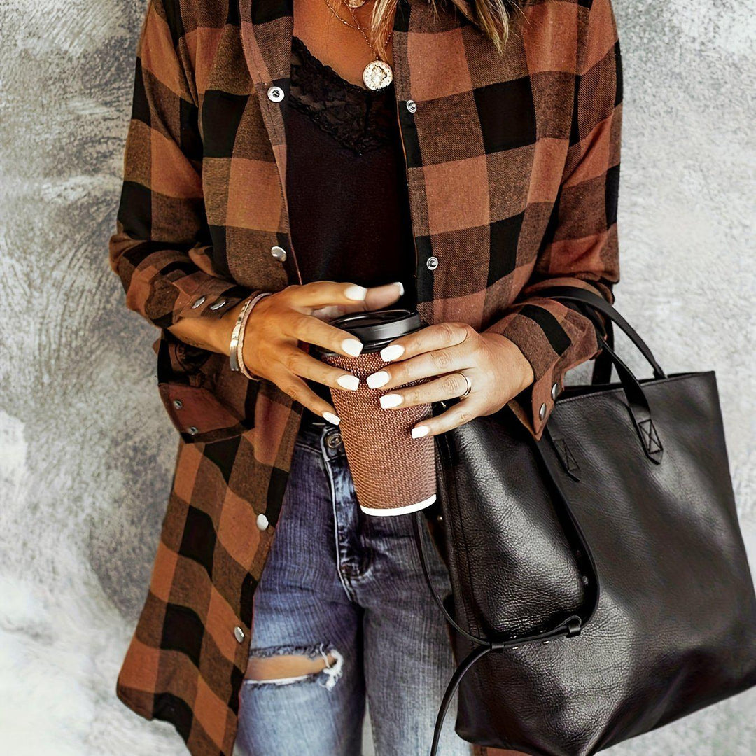 Plaid Casual Long Sleeve Shirt For Women-Shirt-Bennys Beauty World