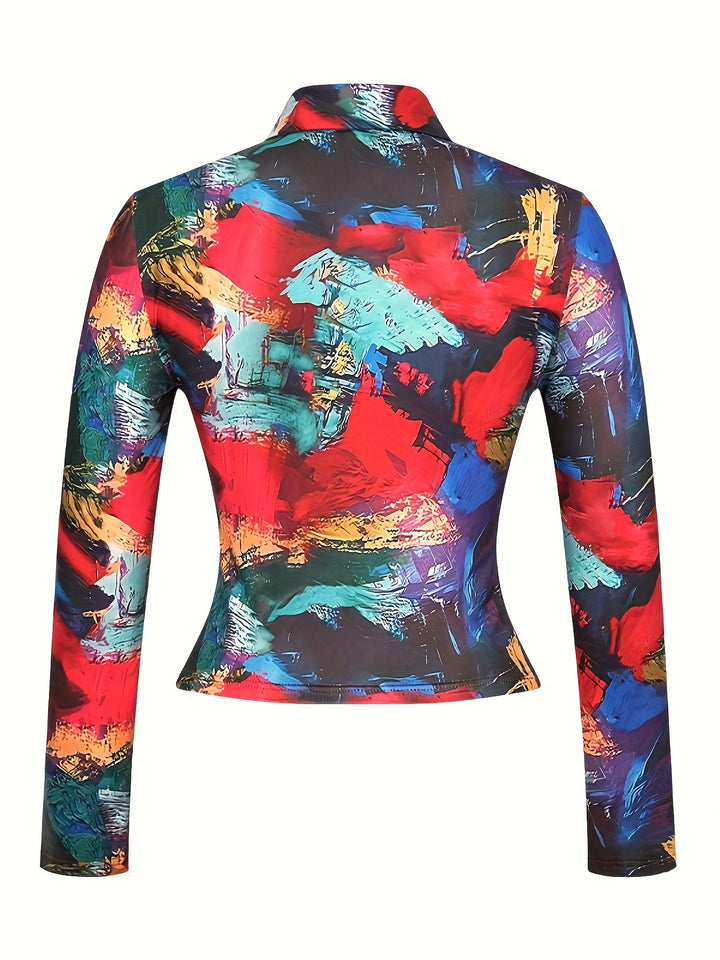 Women's Fashionable Plaid Long Sleeve Top with Deep V-Neck
