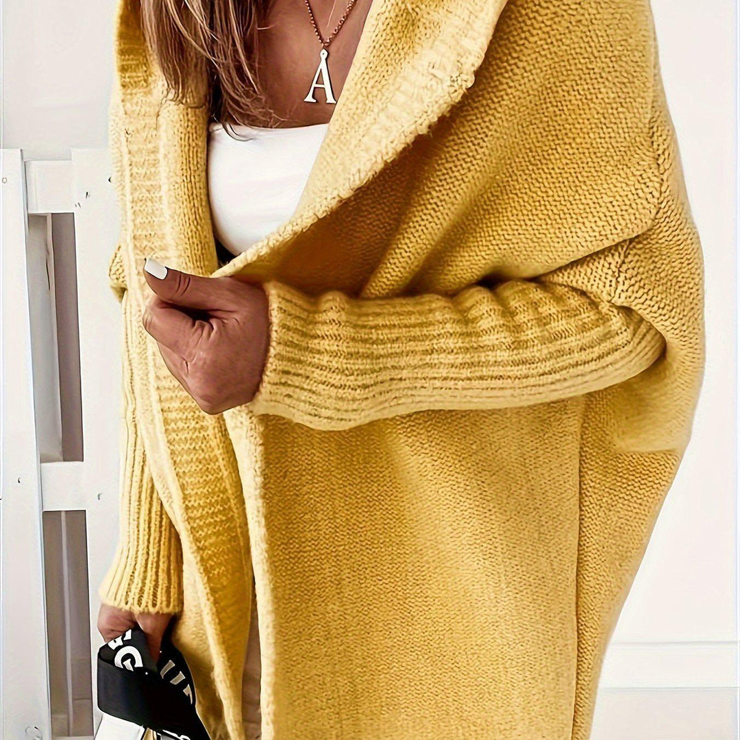 Plus Size Solid Color Hooded Open Front Cardigan, Casual Long Sleeve Knitted Cardigan, Women's Plus Size Clothing-Bennys Beauty World