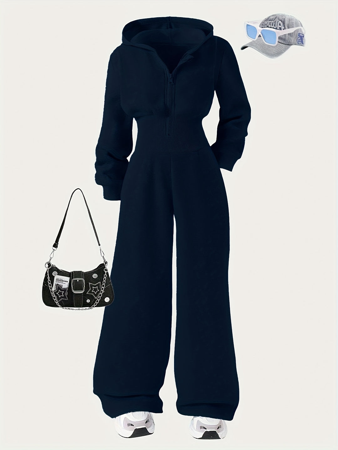 Autumn Girls' Simple Casual Style Knitted Zipper Sweatshirt Hooded Jumpsuit, Perfect for Outdoor