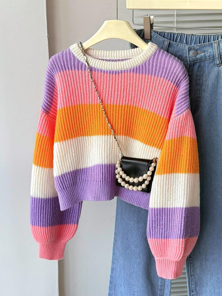 Multicolor Striped Knit Pullover Rainbow Color Crew Neck Sweater