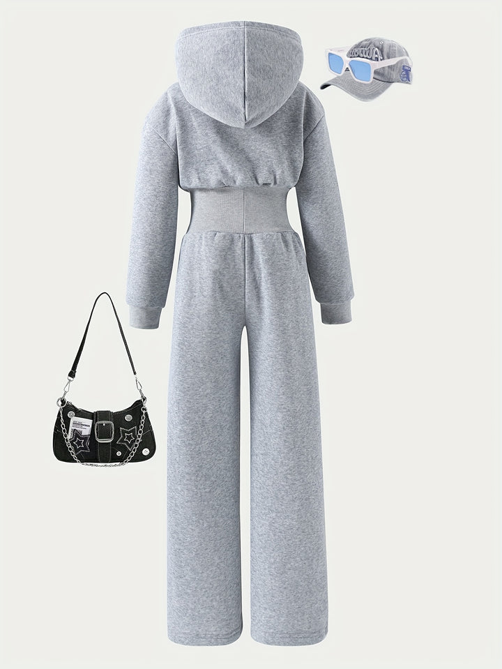 Autumn Girls' Simple Casual Style Knitted Zipper Sweatshirt Hooded Jumpsuit, Perfect for Outdoor
