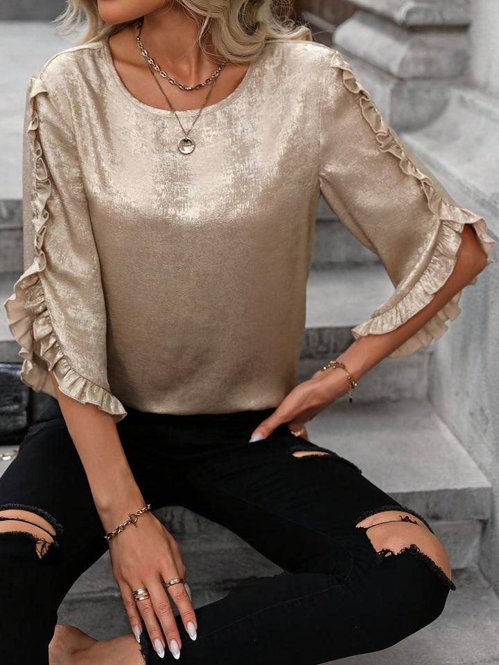 Women's Fashion Polyester Shirt, Elegant Round Neck, Solid Color, All-Season, Adult, Woven Top, T-Shirt, Blouse-Bennys Beauty World