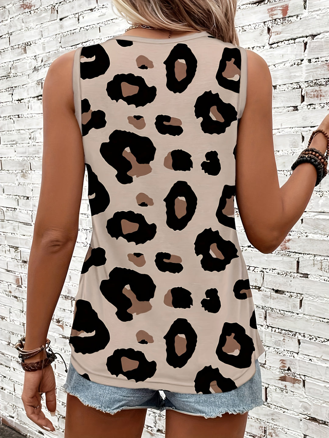 Leopard Print Crew Neck Tank Top, Casual Sleeveless Tank Top For Summer, Women's Clothing-Bennys Beauty World