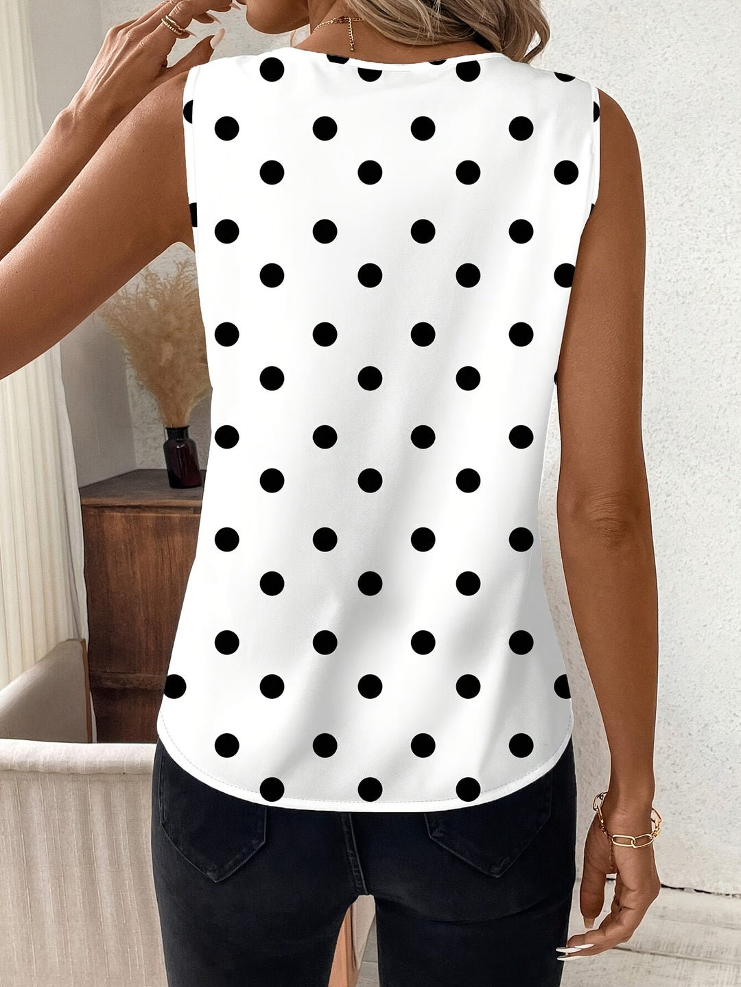 Polka Dot Print V-neck Tank Top, Casual Sleeveless Top For Spring & Summer, Women's Clothing-Bennys Beauty World