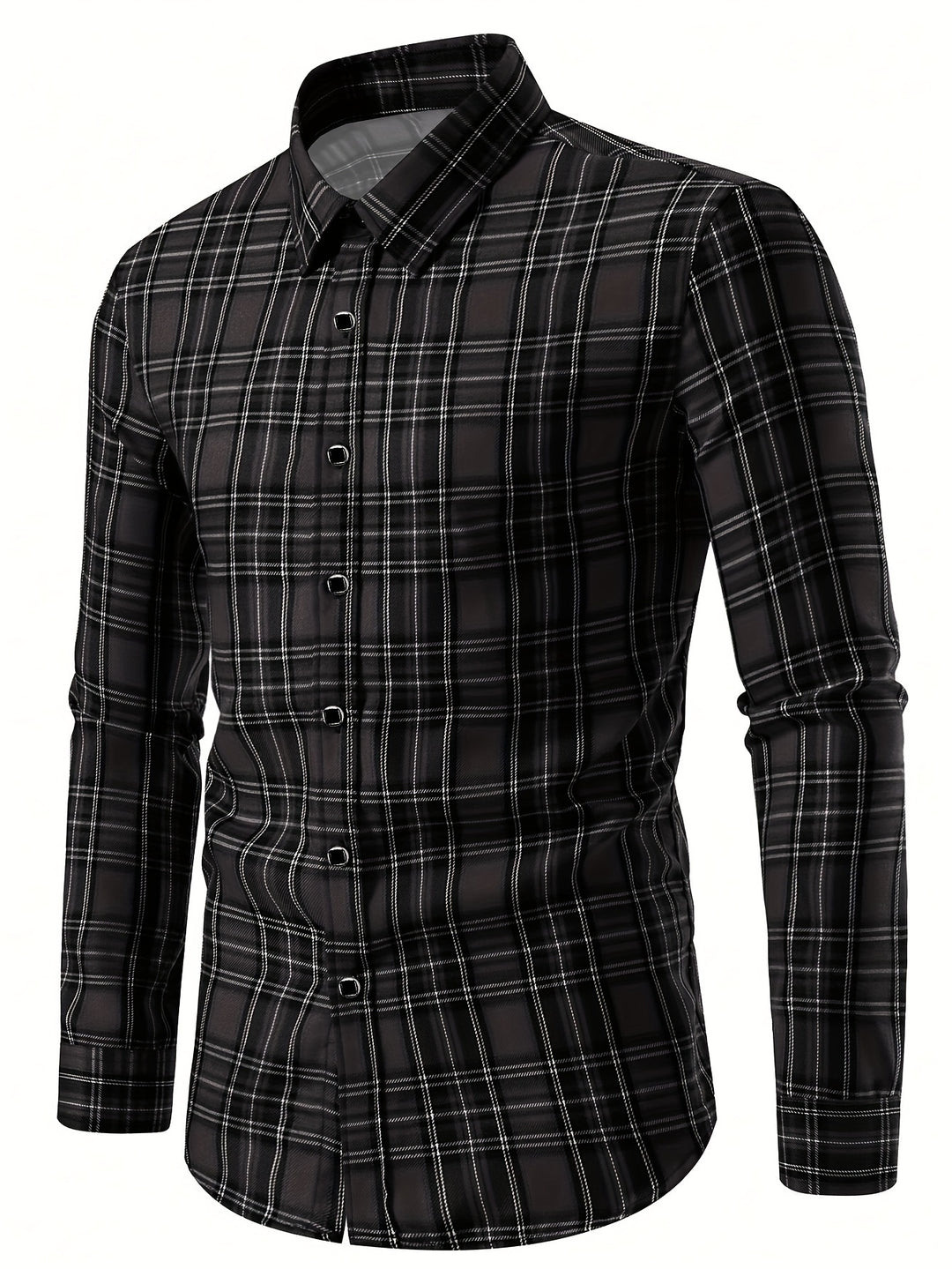 Men's Classic Design Plaid Pattern Dress Shirt, Slim Fit Long Sleeve Button Up Lapel Shirt, Elegant Top For Business And Banquet Wear-Bennys Beauty World