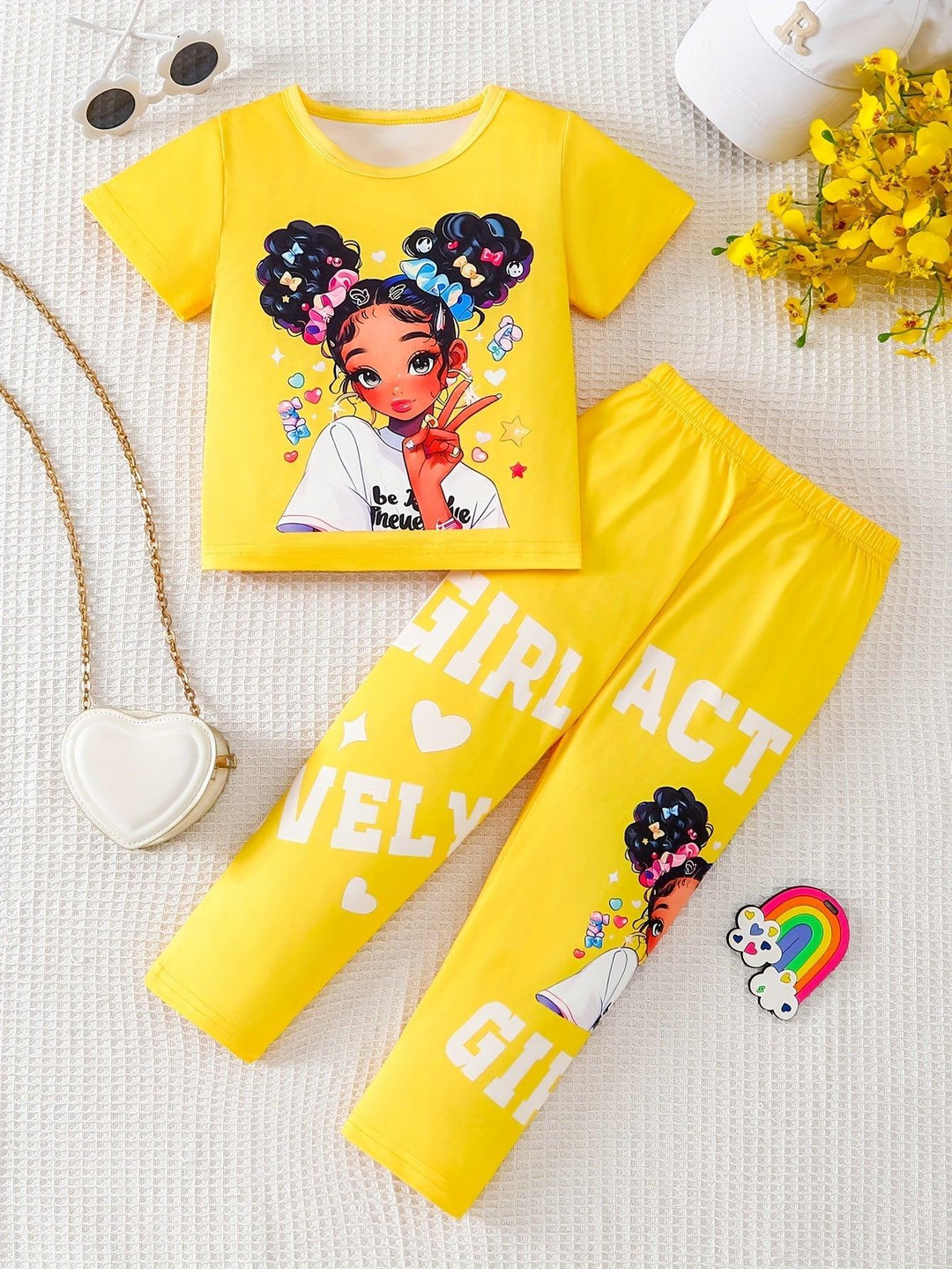 Girls Two - Piece Set with Cartoon Girl Pattern Top + Pants - Bennys Beauty World