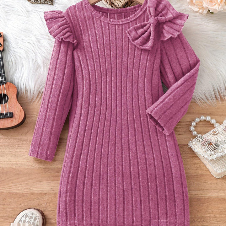 Girls Elegant Dresses, Long Ruffle Sleeve Bow Decor Ribbed Dress For Spring & Fall, Perfect For Dinner Party, As Gifts-Bennys Beauty World