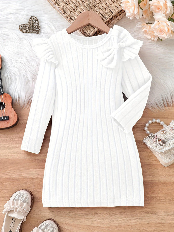 Girls Elegant Dresses, Long Ruffle Sleeve Bow Decor Ribbed Dress For Spring & Fall, Perfect For Dinner Party, As Gifts-Bennys Beauty World