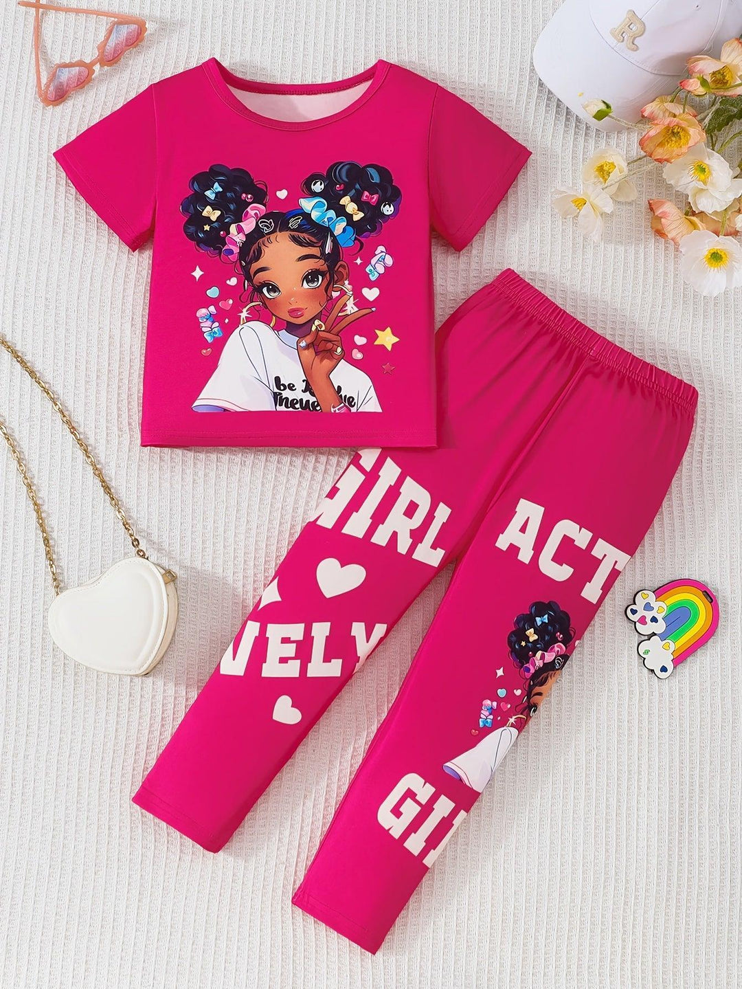Girls Two - Piece Set with Cartoon Girl Pattern Top + Pants - Bennys Beauty World