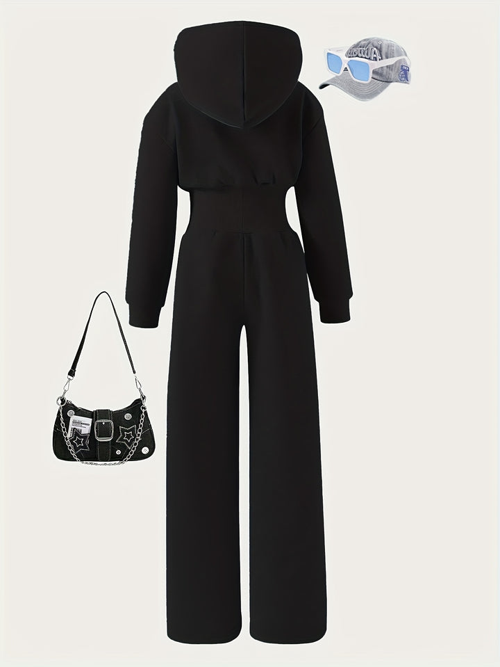 Autumn Girls' Simple Casual Style Knitted Zipper Sweatshirt Hooded Jumpsuit, Perfect for Outdoor