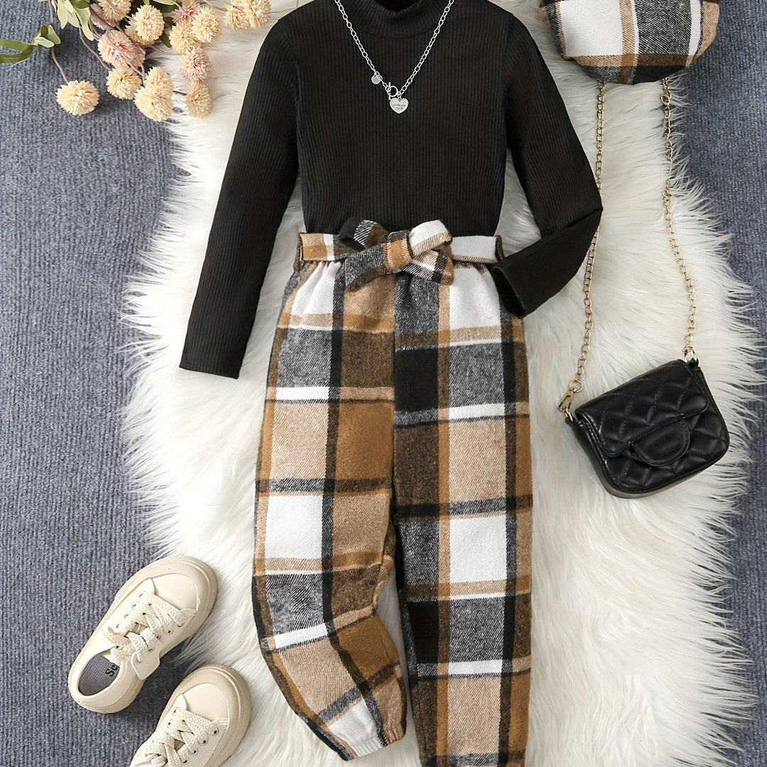 3Pcs Suit Girl's Mock Neck Long-Sleeve Pullover Top + Plaid Pants + Beret Set - Spring & Fall Clothes, Girls Casual Outfits-Bennys Beauty World