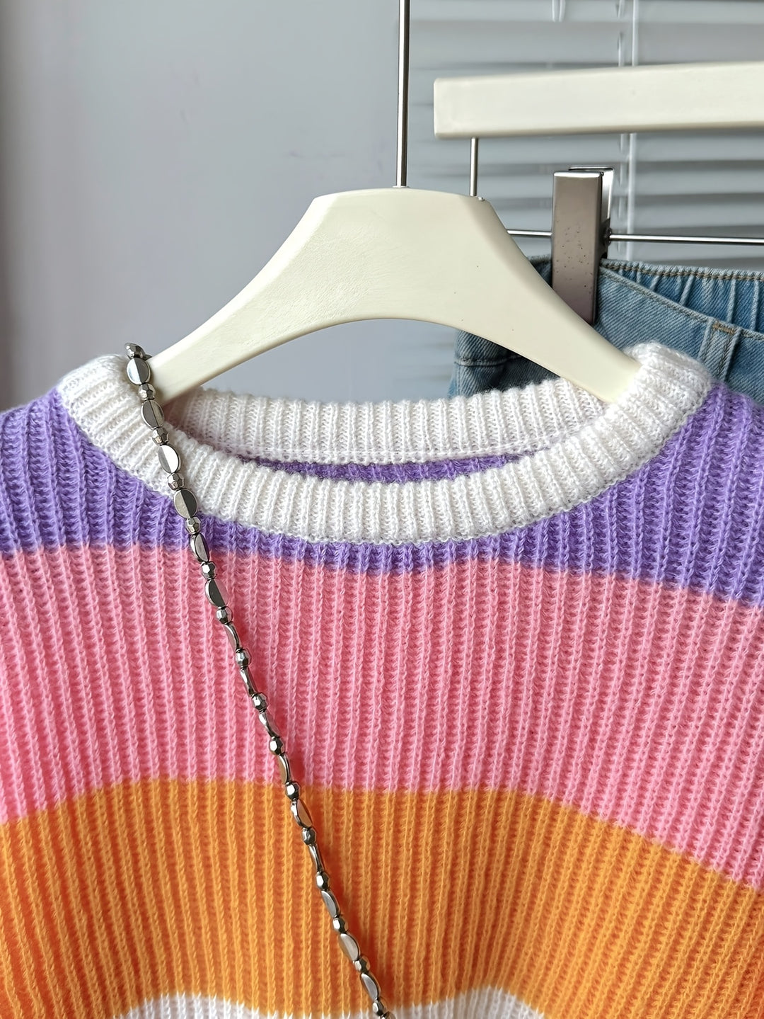 Multicolor Striped Knit Pullover Rainbow Color Crew Neck Sweater