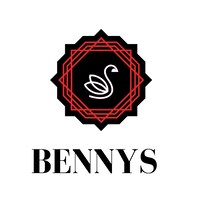 Bennys Beauty World logo: black and red geometric emblem with a white swan, above "BENNYS" in black serif font.