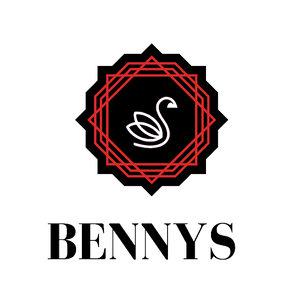 Bennys Beauty World logo: black and red geometric emblem with a white swan, above "BENNYS" in black serif font.