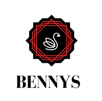 Bennys Beauty World logo: black and red geometric emblem with a white swan, above "BENNYS" in black serif font.