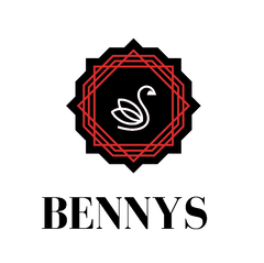 Bennys Beauty World logo: black and red geometric emblem with a white swan, above "BENNYS" in black serif font.
