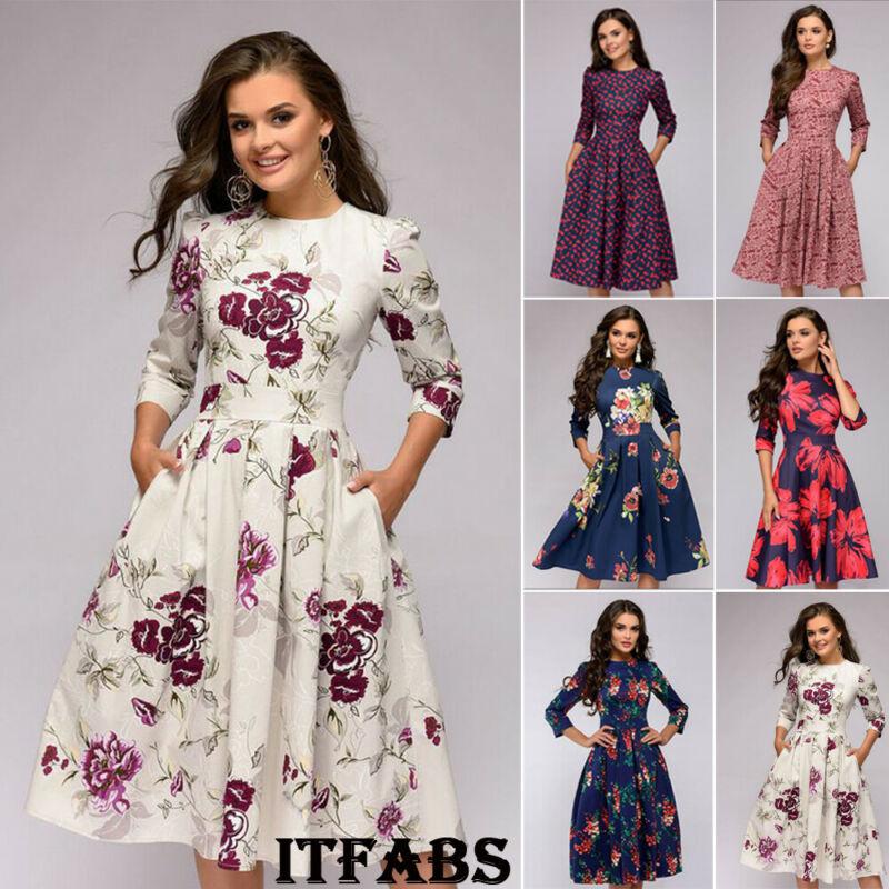 Women Retro Tunic 3/4 Long Sleeved Floral Print Bodycon Dresses-Dress-Bennys Beauty World