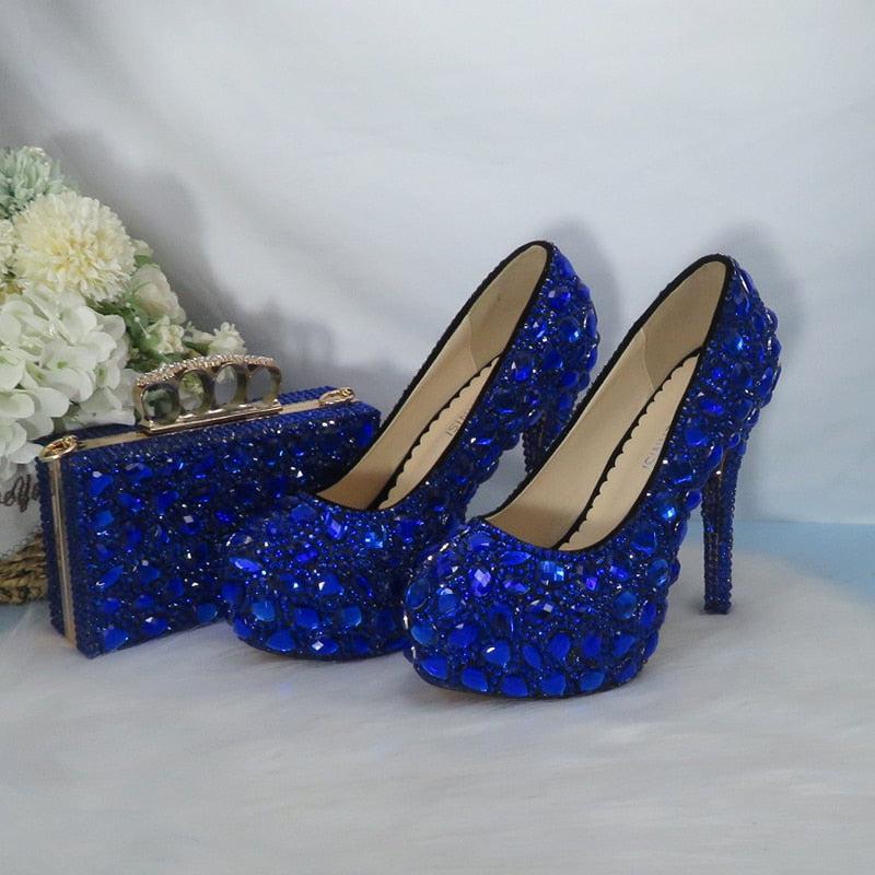 Royal Blue Crystal Bridal Wedding Shoes And Bag Set-Shoes-Bennys Beauty World