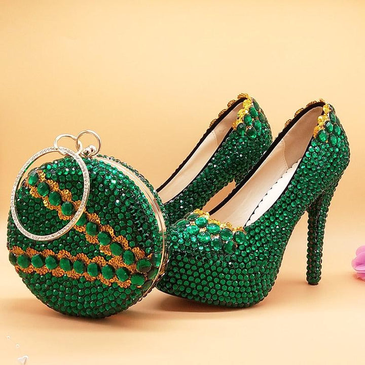 Green crystal Womens Wedding Shoes And Bags Set-Shoes-Bennys Beauty World