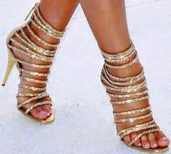 Gold Rhinestone Gladiator Sandals For Women-Shoe-Bennys Beauty World