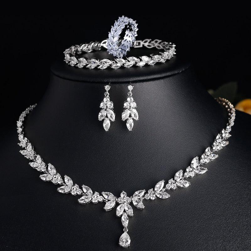 Zirconia Leaf Necklace Earrings Rings Bracelets Set for Women-necklace-Bennys Beauty World