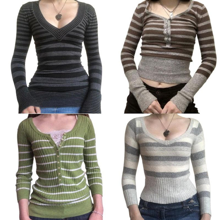 Vintage Knitted Sweater Cutest V Neck Long Sleeve Stripe Jumper-blouse-Bennys Beauty World
