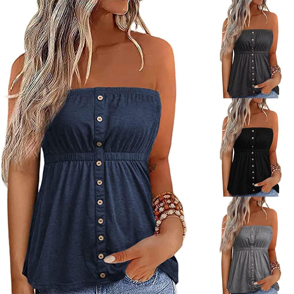 Women Tube Top Summer Button Strapless Bandeau Tank Crop Tops-blouse-Bennys Beauty World